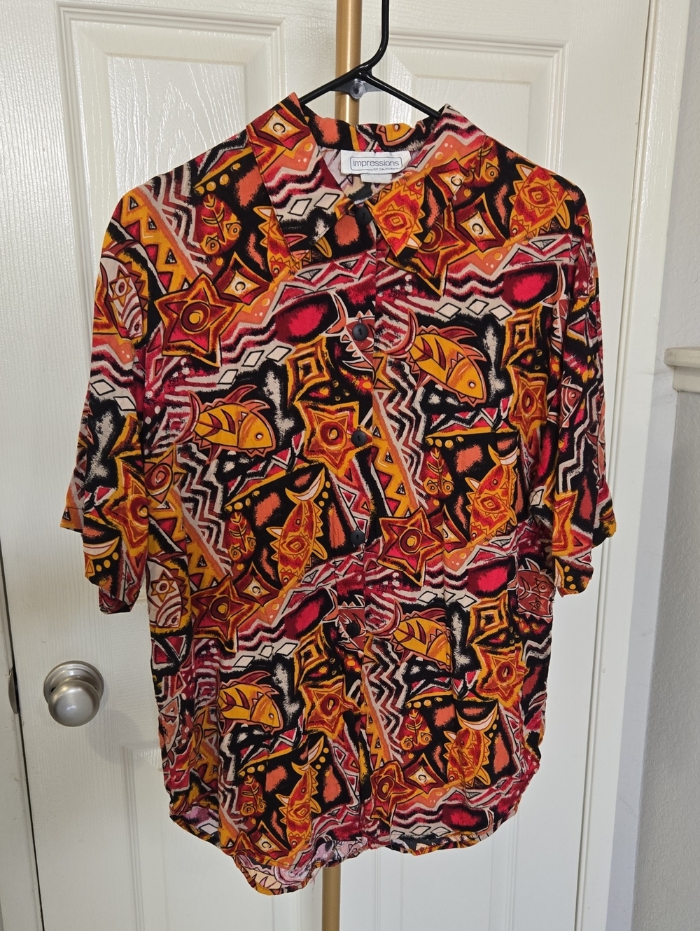 Vibrant Abstract Button-Down Shirt in Red, Orange & Black
